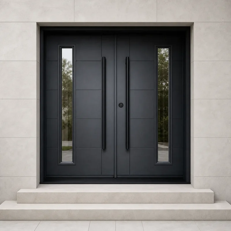 F95-V1 fiberglass entry door installed home entrance scene
