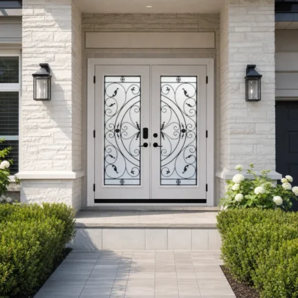 SD097 steel entry door installed home entrance scene