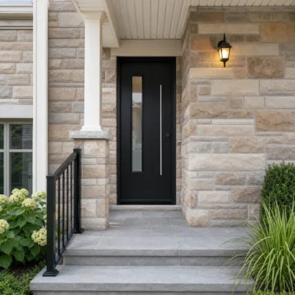 SD122 steel entry door installed home entrance scene
